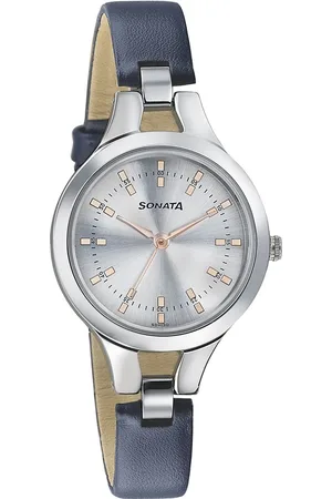 Sonata Steel Daisies Silver Dial Women Watch With Leather Strap