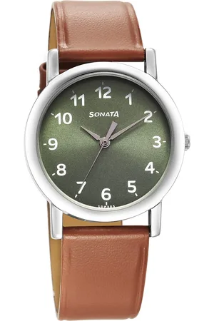Sonata Classic Quartz Analog Green Dial Brown Leather Strap Watch for Men
