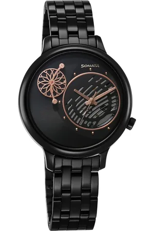 Sonata Unveil Quartz Analog Black Dial Metal Strap Watch for Women