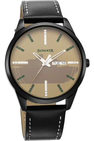 Sonata Force Quartz Analog with Day and Date Off White Dial Leather Strap Watch for Men