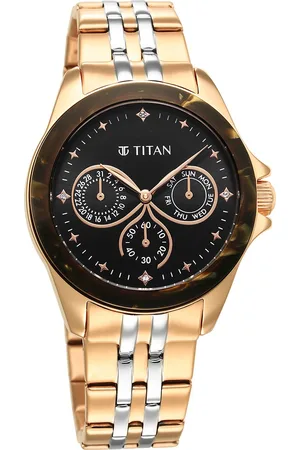 Titan Acetate Black Dial Analog with Day and Date Stainless Steel Strap Watch for Women