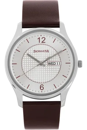 Sonata Quartz Analog with Day and Date Silver Dial Leather Strap Watch for Men