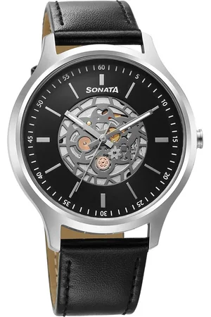 Sonata Unveil Quartz Multifunction Black Dial Leather Strap Watch for Men