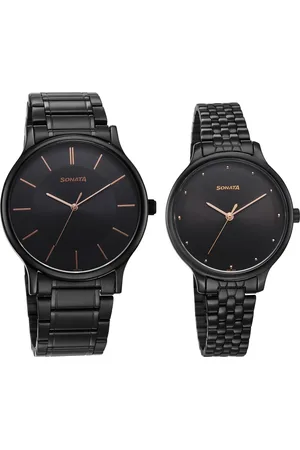 Sonata Pair Quartz Analog Black Dial Stainless Steel Strap Watch for Couple