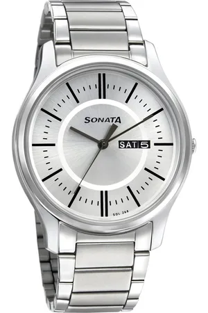 Sonata Quartz Analog with Day and Date Silver Dial Silver Stainless Steel Strap Watch For Men
