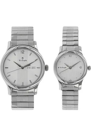 Titan Quartz Analog with Day and Date Silver Dial Stainless Steel Strap Watch for Couple