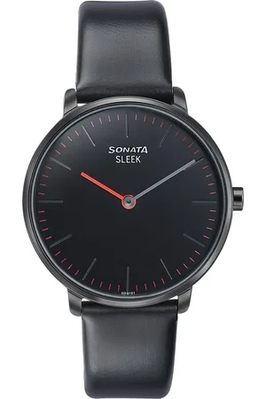 Sonata Sleek Quartz Analog Black Dial Black Leather Strap Watch for Women