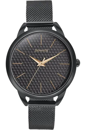 Sonata Wedding Bling Quartz Analog Black Dial Black Stainless Steel Strap Watch for Women