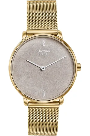 Sonata Sleek Gold-Toned Mesh Bracelet Watch with Minimal Sundial Dial and Arabic Numerals