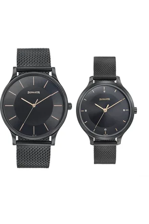 Sonata Modern Bandhan Quartz Analog Black Dial Black Stainless Steel Strap Watch For Couple