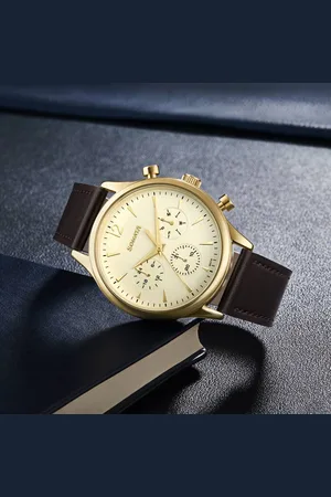 Sonata Quartz Multifunction Golden Dial Brown Leather Strap Watch For Men