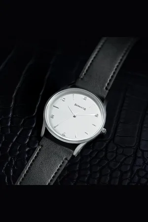 Sonata Quartz Analog Silver Dial Black Leather Strap Watch For Men