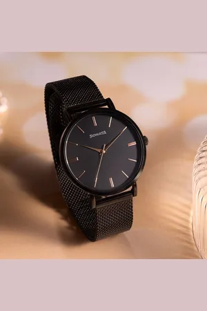 Sonata Quartz Analog Black Dial Black Stainless Steel Strap Watch For Women