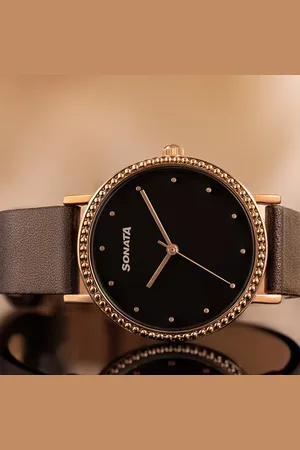 Sonata Quartz Analog Black Dial Black Leather Strap Watch For Women