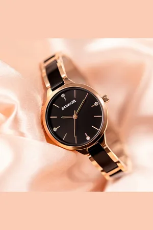 Sonata Quartz Analog Black Dial Two Toned Stainless Steel Strap Watch For Women