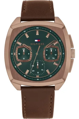 Tommy Hilfiger Quartz Multifunction Green Dial Brown Leather Strap Watch for Men