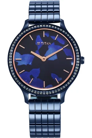 Titan Secluded Quartz Analog Blue Acetate Dial Stainless Steel Strap Watch For Women