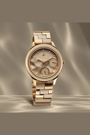 Fastrack Cerame Quartz Multifunction Beige Dial With Champagne Color Steel & Ceramic Strap Watch For Girls