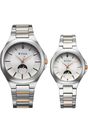 Titan Bandhan Quartz Analog Sun-Moon Silver Dial Two Toned Stainless Steel Strap Watch For Couple