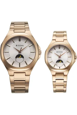 Titan Bandhan Quartz Analog With Sun - Moon Silver Dial Rose Gold Stainless Steel Strap Watch For Couple