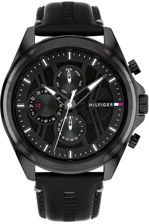 Tommy Hilfiger Multifunction Black Dial Black Color Leather Strap Watch For Men