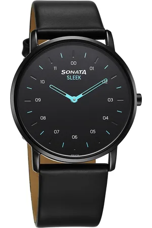 Sonata Sleek Quartz Analog Black Dial Black Leather Strap Watch For Men