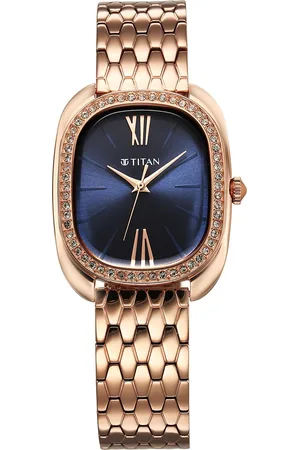 Titan Glamour Quartz Analog Blue Dial Rose Gold Stainless Steel Strap Watch For Women