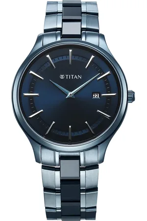 Titan Slim Ceramic Fusion Quartz Analog with Date Blue Dial Stainless Steel Strap Watch For Men
