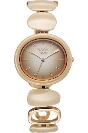Titan Raga Ceramics Quartz Analog Beige Dial Metal Strap Watch For Women