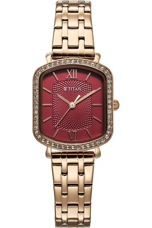 Titan Purple Metro Quartz Analog Red Dial Rose Gold Plated Stainless Steel Strap Watch For Women