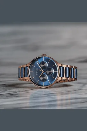 Titan Ceramic Fusion Quartz Multifunction Blue Dial With Two Toned Color Stainless Steel Strap Watch For Men