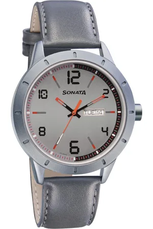 Sonata Quartz Analog with Day and Date Grey Dial Leather Strap Watch for Men