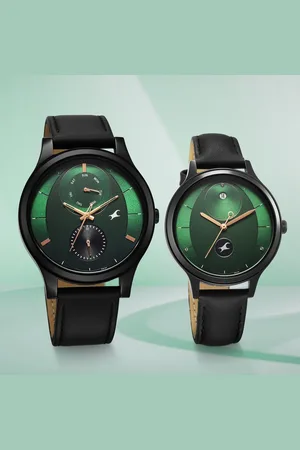 Fastrack Mixmatched Quartz Multifunction Green Dial Black Leather Strap Watch For Couple