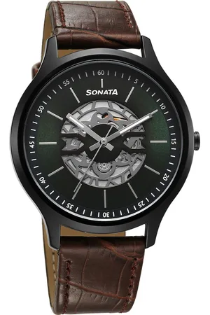 Sonata Unveil Quartz Multifunction Green Dial Leather Strap Watch for Men