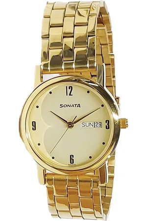 Sonata Quartz Analog with Day and Date Champagne Dial With Golden Color Metal Strap Watch For Men