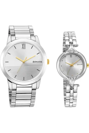 Sonata Quartz Analog Silver Dial Stainless Steel Strap Watch for Couple
