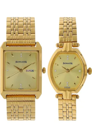 Sonata Quartz Analog with Day and Date Golden Dial Stainless Steel Strap Watch for Couple