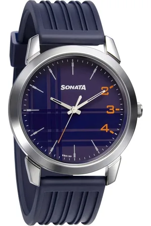 Sonata Smart Plaid Quartz Analog Blue Dial TPU Strap Watch for Men