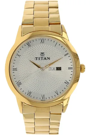 Titan Quartz Analog with Day and Date Silver Round Dial Golden Stainless Steel Strap Watch For Men