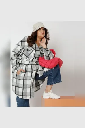 VERO MODA Women Curve Grey Check Long Overcoat, Long Sleeves, Shirt Collar