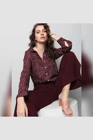 VERO MODA Women Maroon Polka Dot High-Low Shirt, Long Sleeves, Shirt Collar