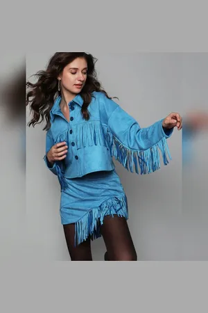 VERO MODA Women Blue Fringe Detail C-ord Set Jacket, Long Sleeves, Shirt Collar