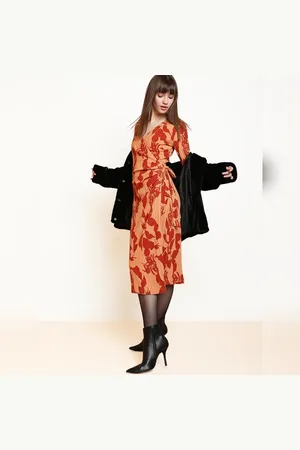 VERO MODA Women Brown Floral Wrap Bodycon Dress, Long Sleeves, V-Neck