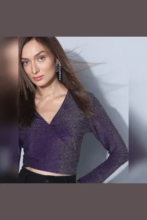 VERO MODA Women Purple Lurex Shimmer Wrap Top, Long Sleeves, V-Neck