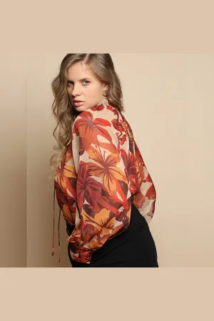 VERO MODA Women CURVE Beige Floral Print Top, Long Sleeves, Tie Up Neck