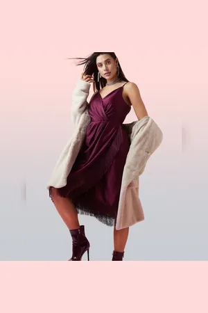 VERO MODA Women MARQUEE Dark Purple Fringe Midi Dress, Sleeveless, Shoulder Straps