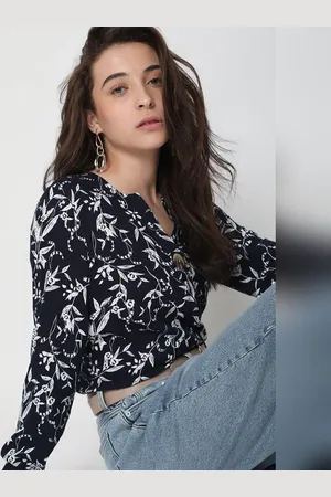 VERO MODA Women Navy Blue Floral Top, Long Sleeves, V-Neck