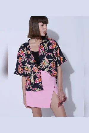 VERO MODA Women Black Tropical Print Shirt, Short Sleeves, Shirt Collar