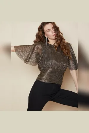 VERO MODA Women Brown Metallic Lurex Top, Short Sleeves, Round Neck
