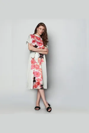 VERO MODA Women Off-White Floral Midi Dress, Short Sleeves, Round Neck